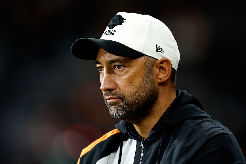 Wests Tigers coach Benji Marshall watching the match intently