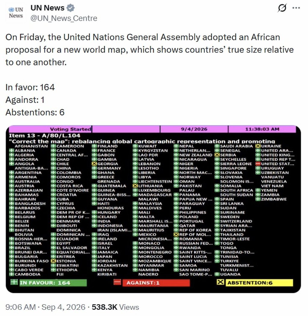 A table posted by the United Nations’ official news service shows the vote tally for the map resolution on Friday. Image: X/UN_News_Centre