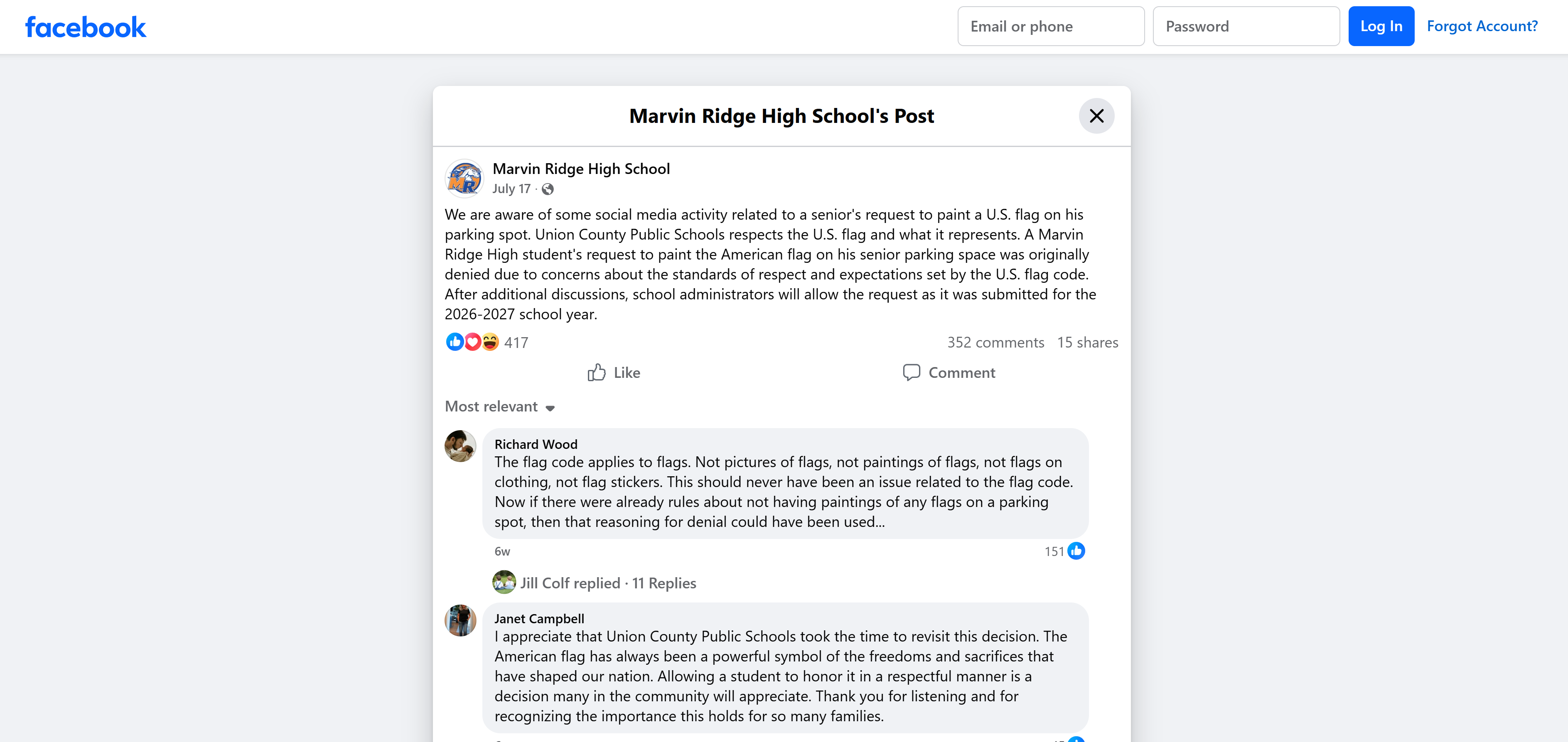 Union County High School Rejects American Flag on Senior Parking Spot — image 2 of 2