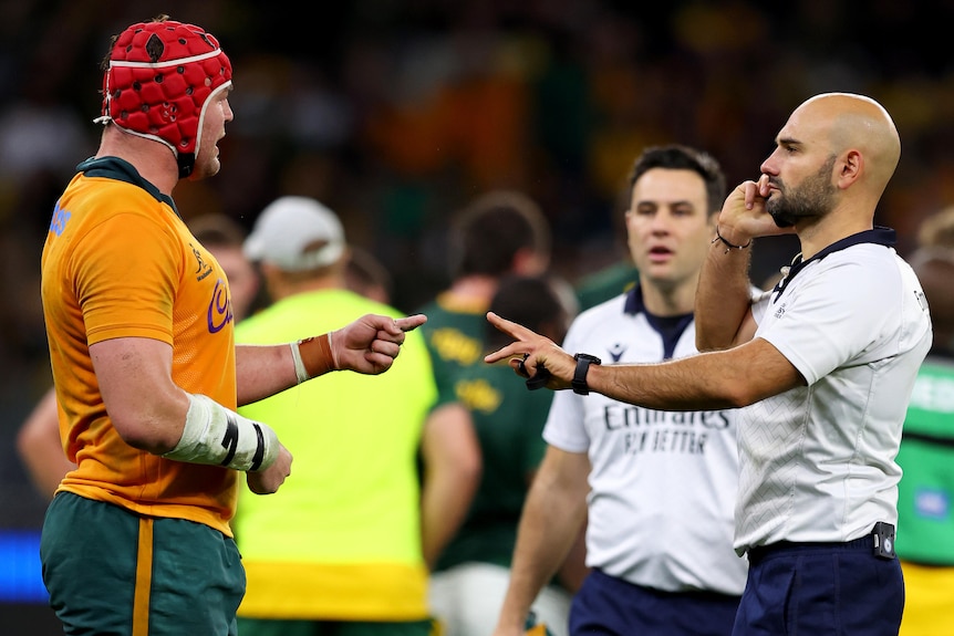 Harry Wilson speaks to referee Andrea Piardi during a rugby Test against the Springboks.
