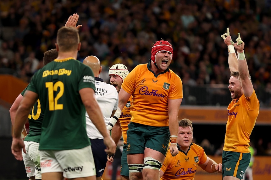A rugby player in yellow celebrates a try by pumping his fist and roaring