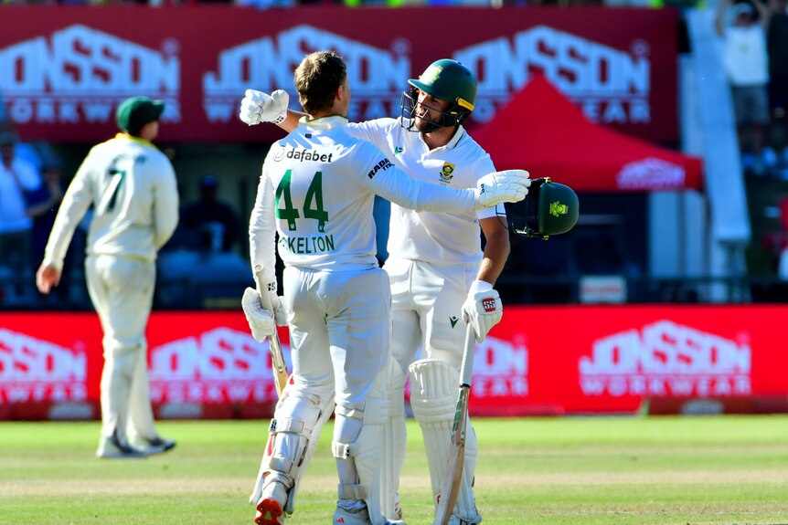 Ryan Rickelton and Wiaan Mulder celebrate a hug together