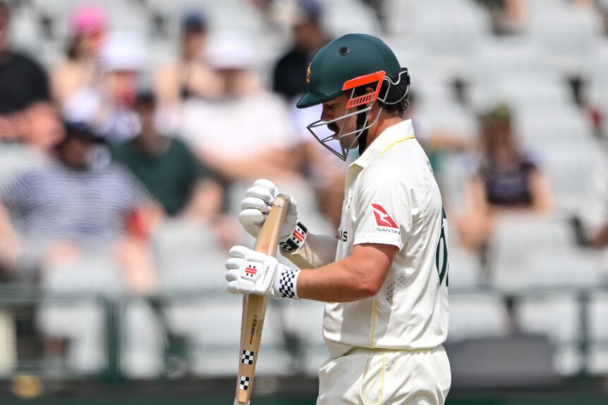 Travis Head looks at his bat