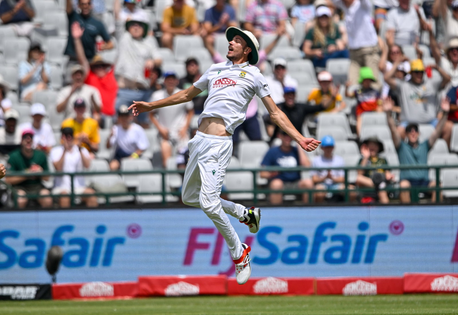 Marco Jansen celebrates after catching Travis Head in the slips cordon early on day five.
