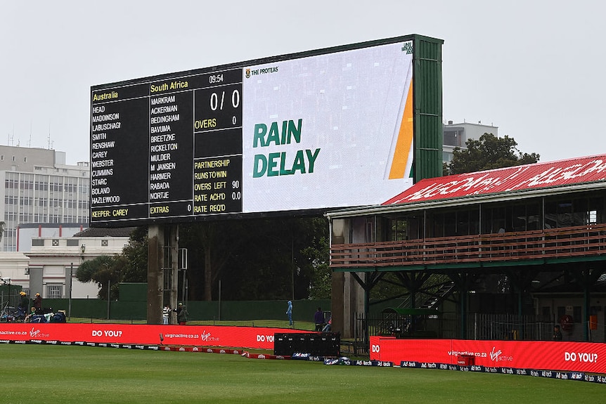A screen says rain delay