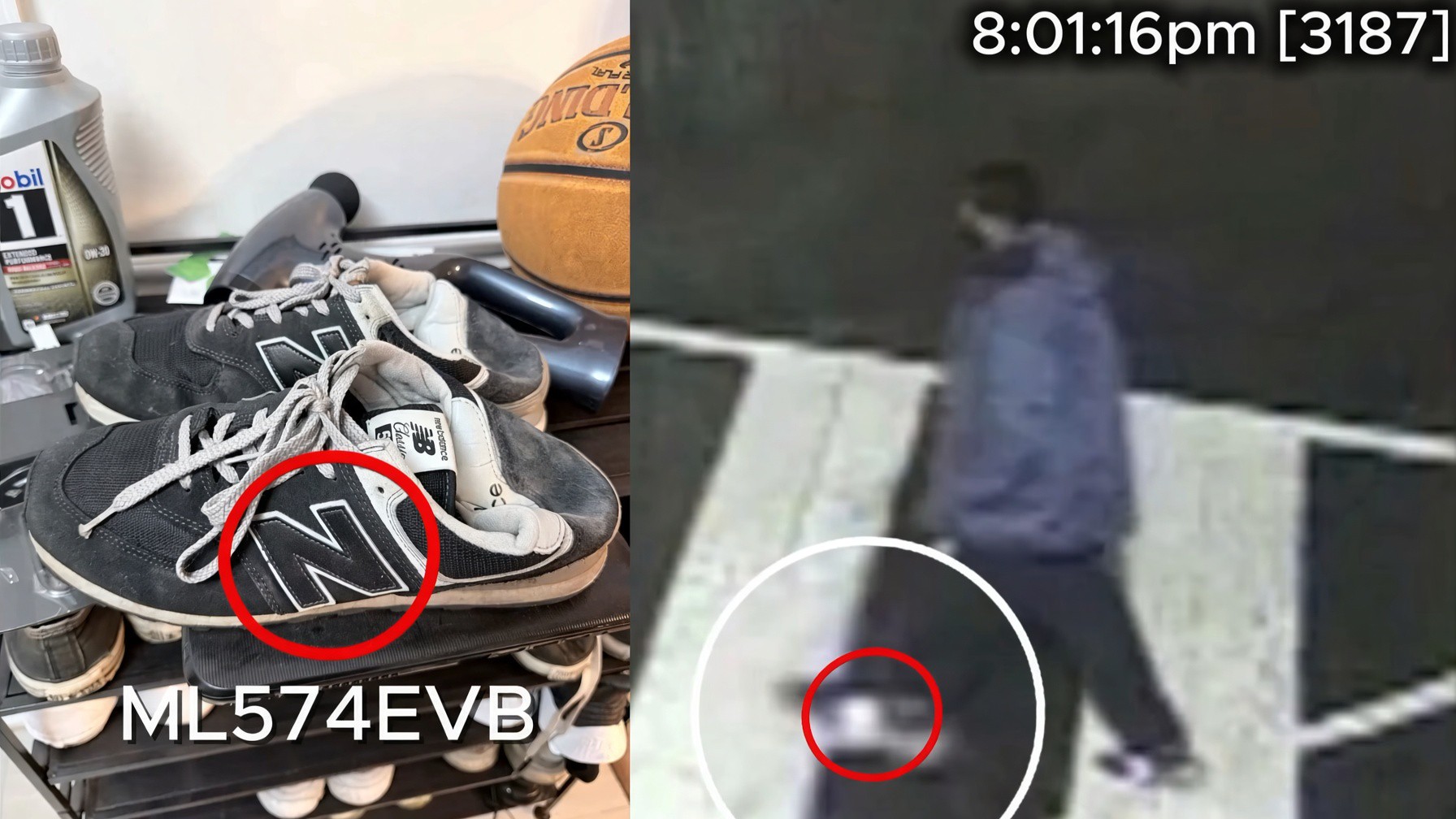 Side-by-side images show Brian Cole Jr.’s New Balance shoes beside the shoes he wore in Capitol CCTV footage at 8:01:16 p.m. on Jan. 5, 2021.