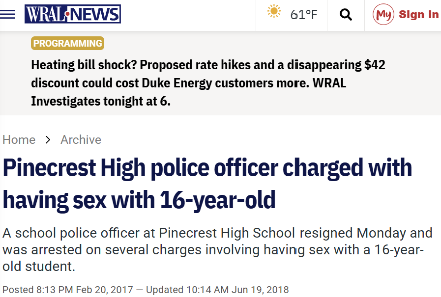 Screenshot of WRAL News 2017 Report on Pinecrest HS Police Officer Charged with Having Sex with 16-Year-Old