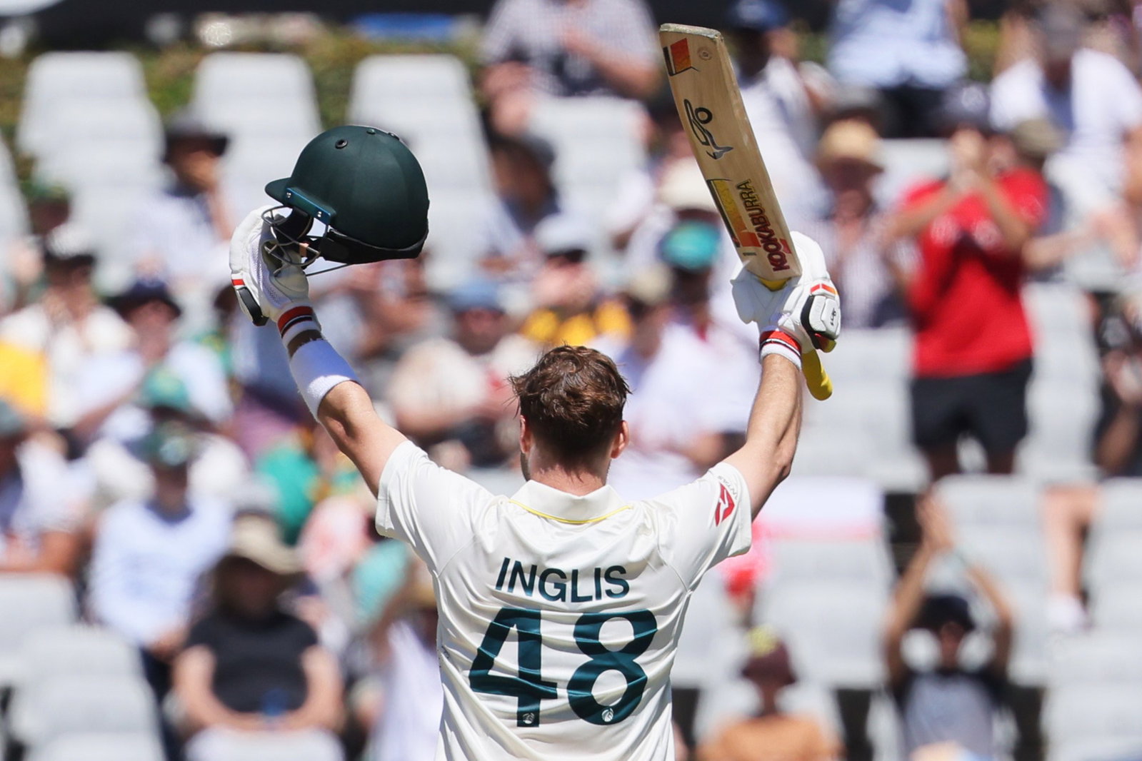 Josh Inglis raised the bat for his second Test century before being dismissed shortly afterwards.