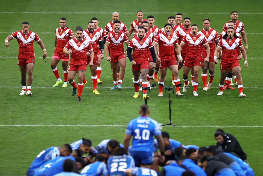 Two teams perform war cries before arugby league Test matches
