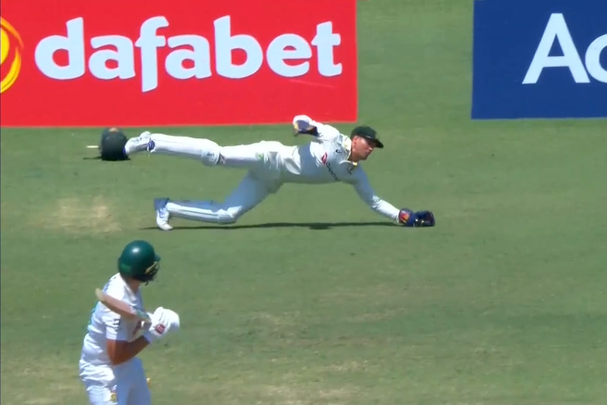 Alex Carey takes a diving one-handed catch during a Test against South Africa.