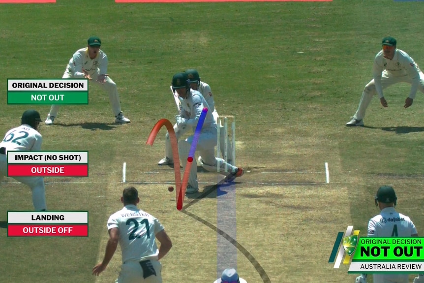 A screenshot of a cricket broadcast and review that's not out
