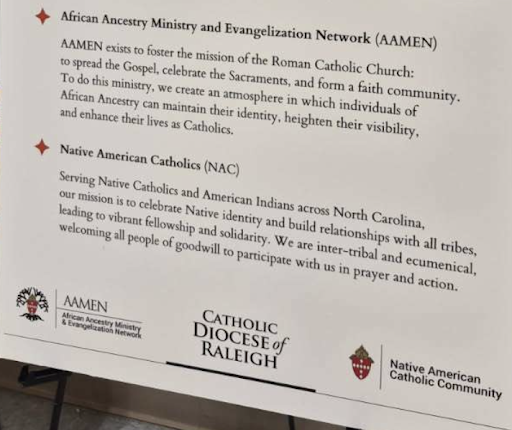 Diocese of Raleigh signage for the African Ancestry Ministry and Evangelization Network (AAMEN) and Native American Catholics (NAC)