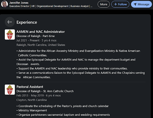 Jennifer Jones’s LinkedIn lists her as part-time AAMEN and NAC administrator for the Diocese of Raleigh since July 2021