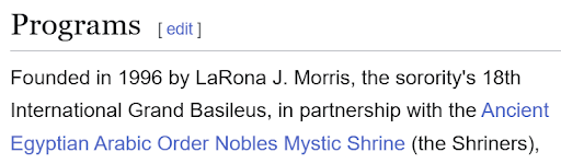 Screenshot of the Sigma Gamma Rho Wikipedia page noting a 1996 partnership with the Ancient Egyptian Arabic Order Nobles of the Mystic Shrine, the Prince Hall Shriners.