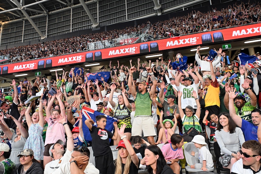 Crowd in the stands, with some standing and raising their arms up in celebration.