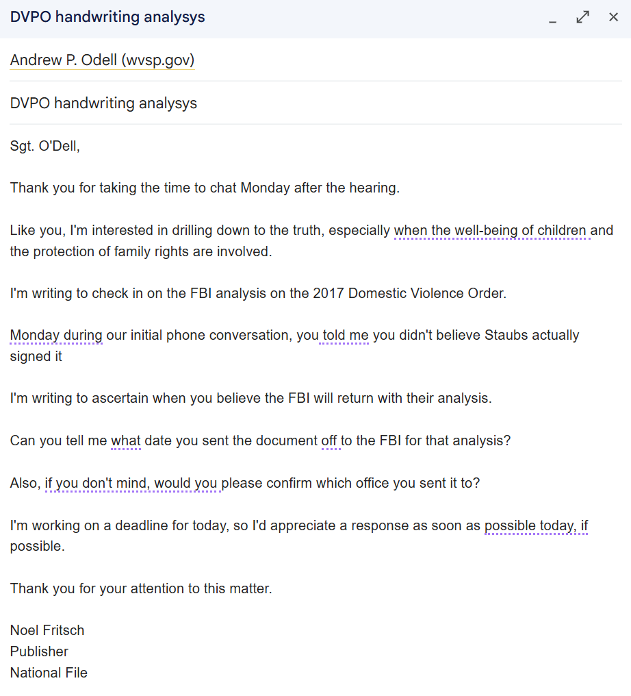 National File publisher emails WVSP sergeant seeking FBI results on a 2017 DVPO he doubted Staubs signed.